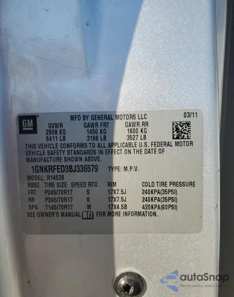 2011 Chevrolet Traverse Ls из США, поврежденный, VIN 1GNKRFED3BJ336579